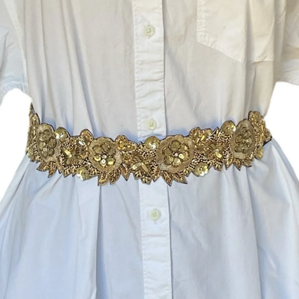 Gold Beaded Floral Belt Waistband Sequin NWT Embroidered Boho Festival Size 32